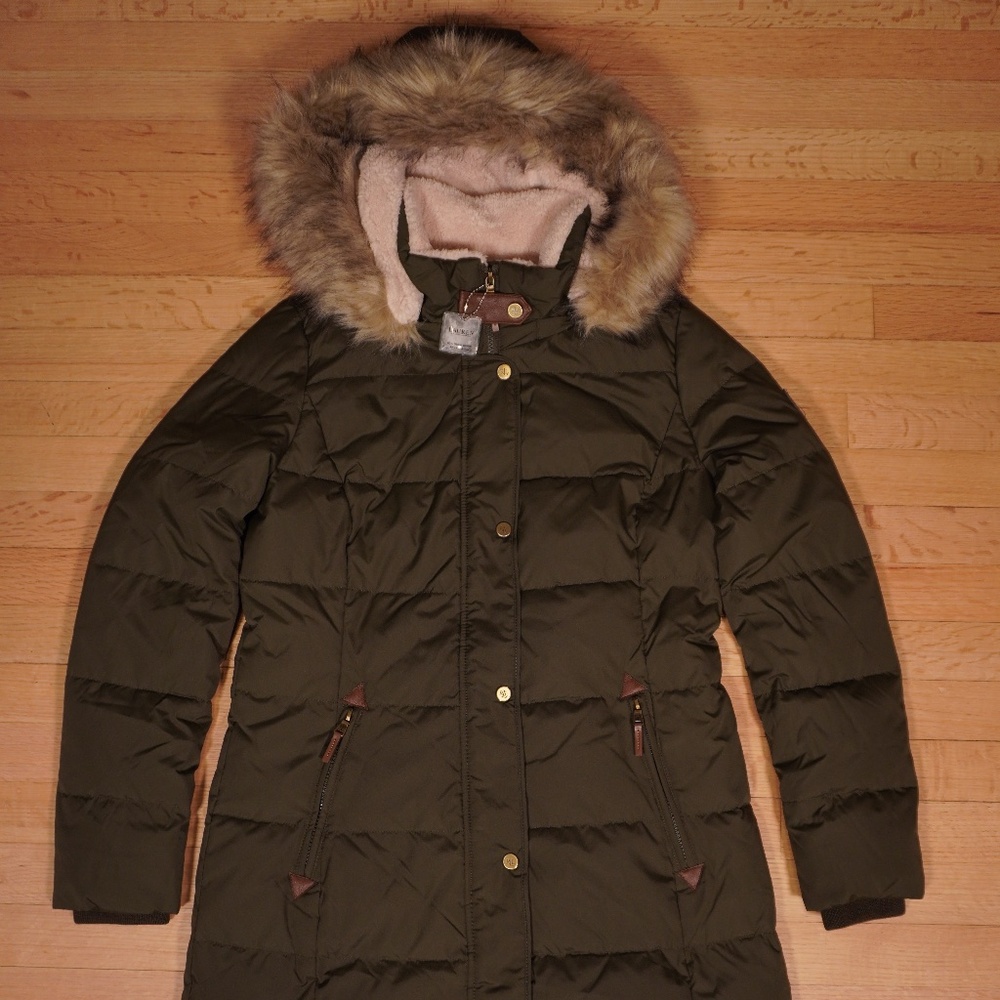 Lauren Ralph Lauren Quilted Puffer Coat Faux Fur Green Small Brand New